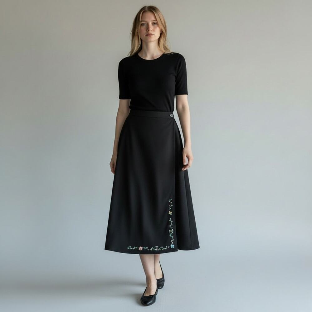 Vintage BCBG Black Slit Skirt Medium Floral Embellished Nordstrom Exclusive